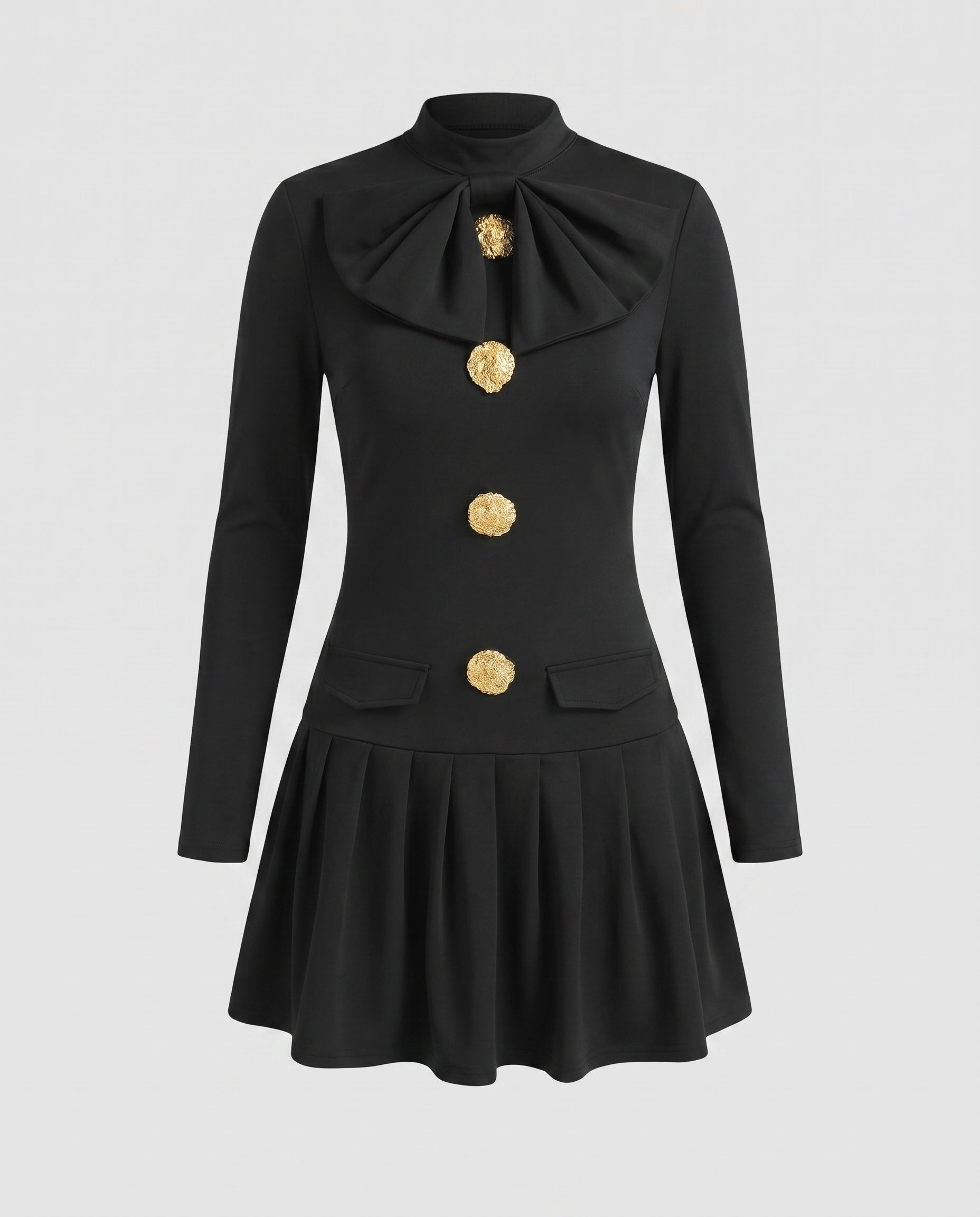 Women's short-sleeve dress with elegant bow tie and golden button details-Fashion Glam
