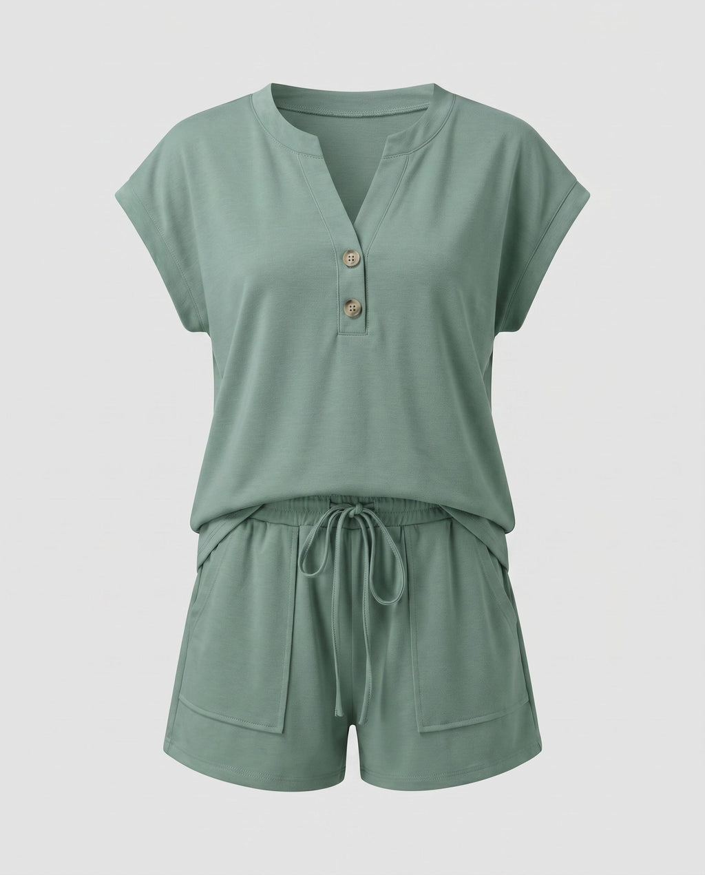 Women's Short Sleeve Shirt and Pants Set with Button Details-Fashion Glam