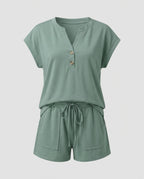 Women's Short Sleeve Shirt and Pants Set with Button Details-Fashion Glam
