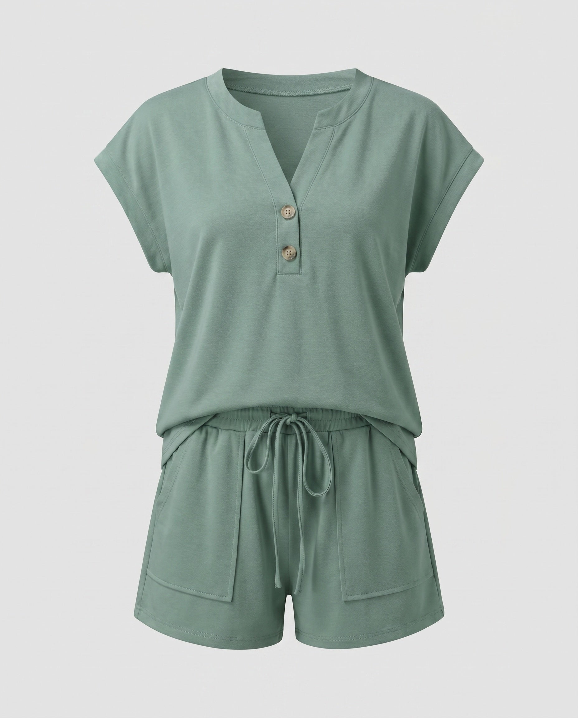 Women's Short Sleeve Shirt and Pants Set with Button Details-Fashion Glam
