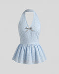 Women's sleeveless blouse shirt with ruffle details and stylish bow accent-Fashion Glam
