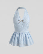 Women's sleeveless blouse shirt with ruffle details and stylish bow accent-Fashion Glam