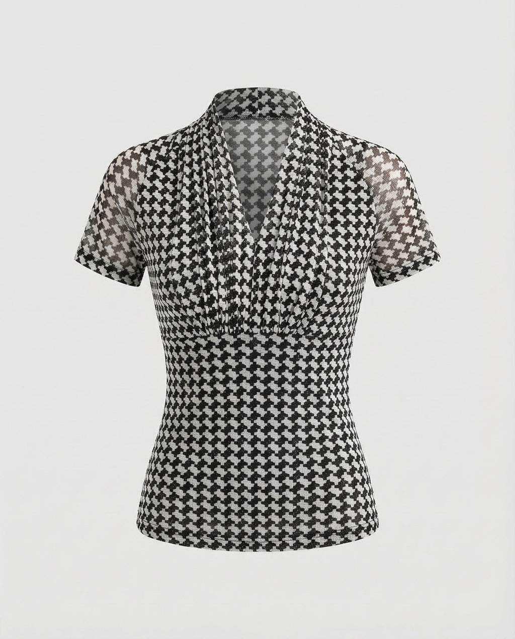 Women’s tailored short-sleeve blouse top with houndstooth, gathered V-neck and mesh sleeves Fashion Glam-Fashion Glam