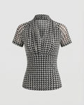 Women’s tailored short-sleeve blouse top with houndstooth, gathered V-neck and mesh sleeves Fashion Glam-Fashion Glam