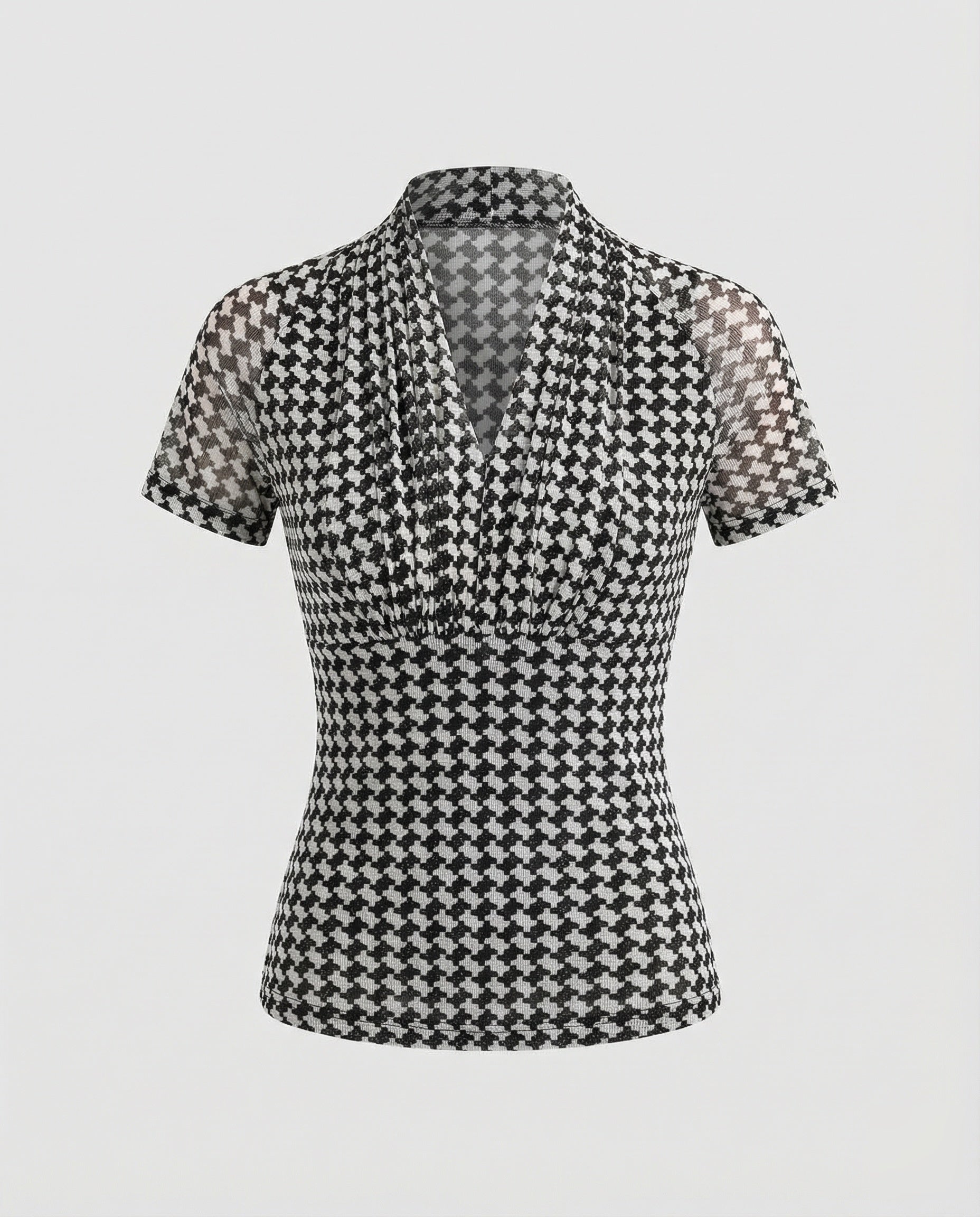 Women’s tailored short-sleeve blouse top with houndstooth, gathered V-neck and mesh sleeves Fashion Glam-Fashion Glam