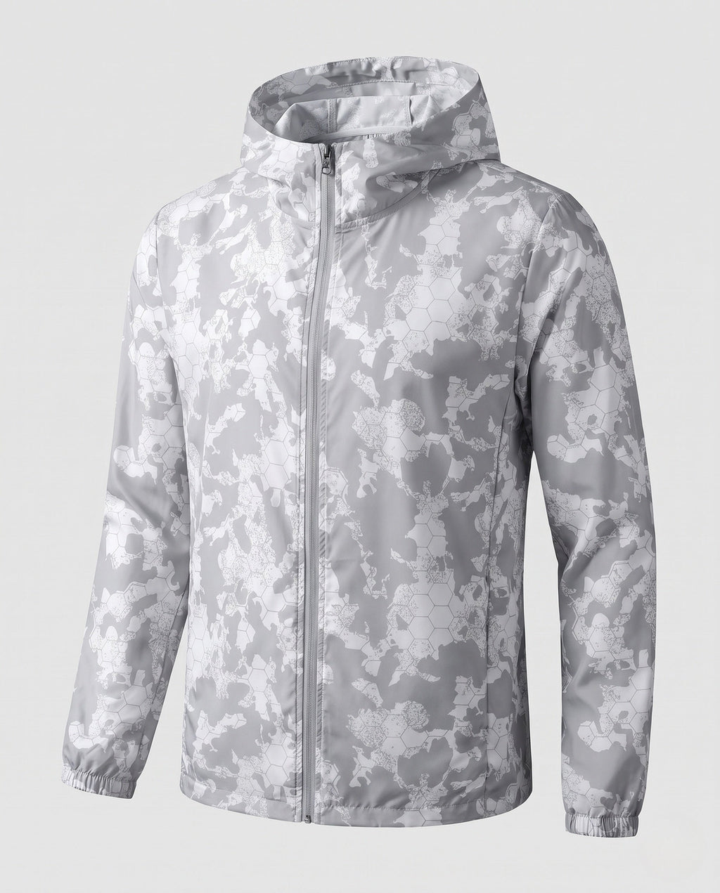 Women's travel-friendly hoodie jacket with hexagonal structure print, finely knitted microfiber finish, and elastic hem Fashion Glam-Fashion Glam