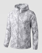 Women's travel-friendly hoodie jacket with hexagonal structure print, finely knitted microfiber finish, and elastic hem Fashion Glam-Fashion Glam